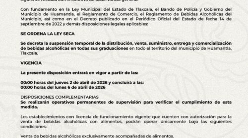 Habrá Ley Seca en Huamantla por Semana Santa 2026