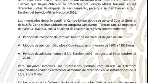 Convocan a jóvenes de Tetlanohcan a integrarse al Servicio Militar Nacional 2026