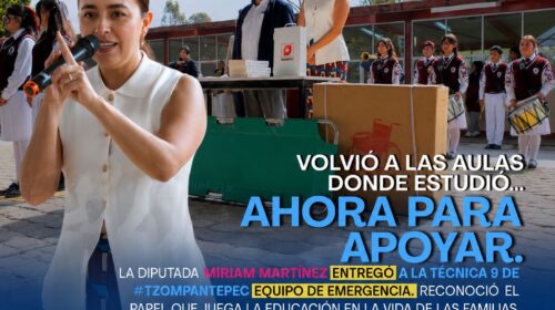 Regresó a la secundaria donde estudió y llevó apoyo: Miriam Martínez entrega equipo de emergencia en la Técnica 9