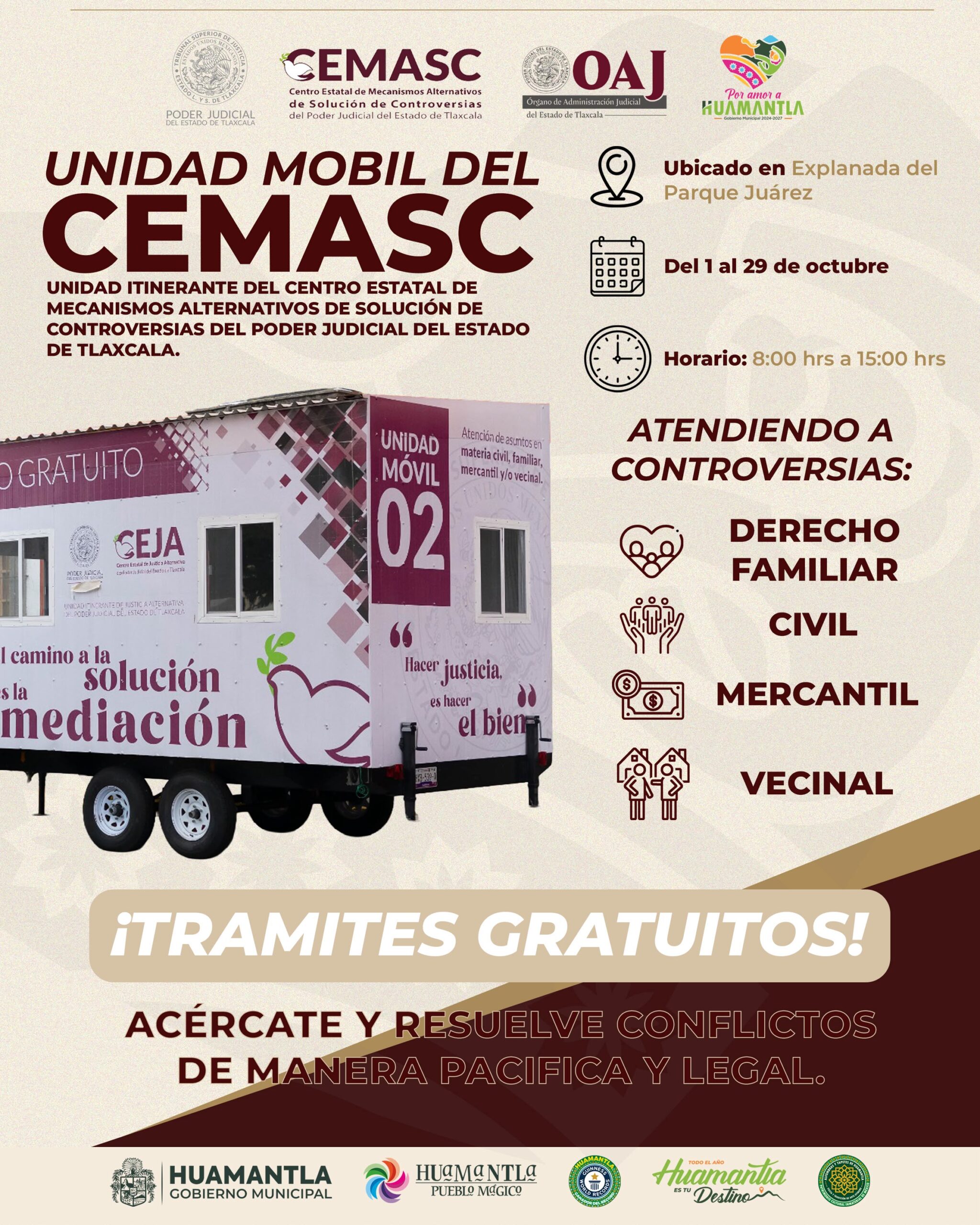 Unidad Móvil de Justicia alternativa brindará servicios gratuitos en Huamantla